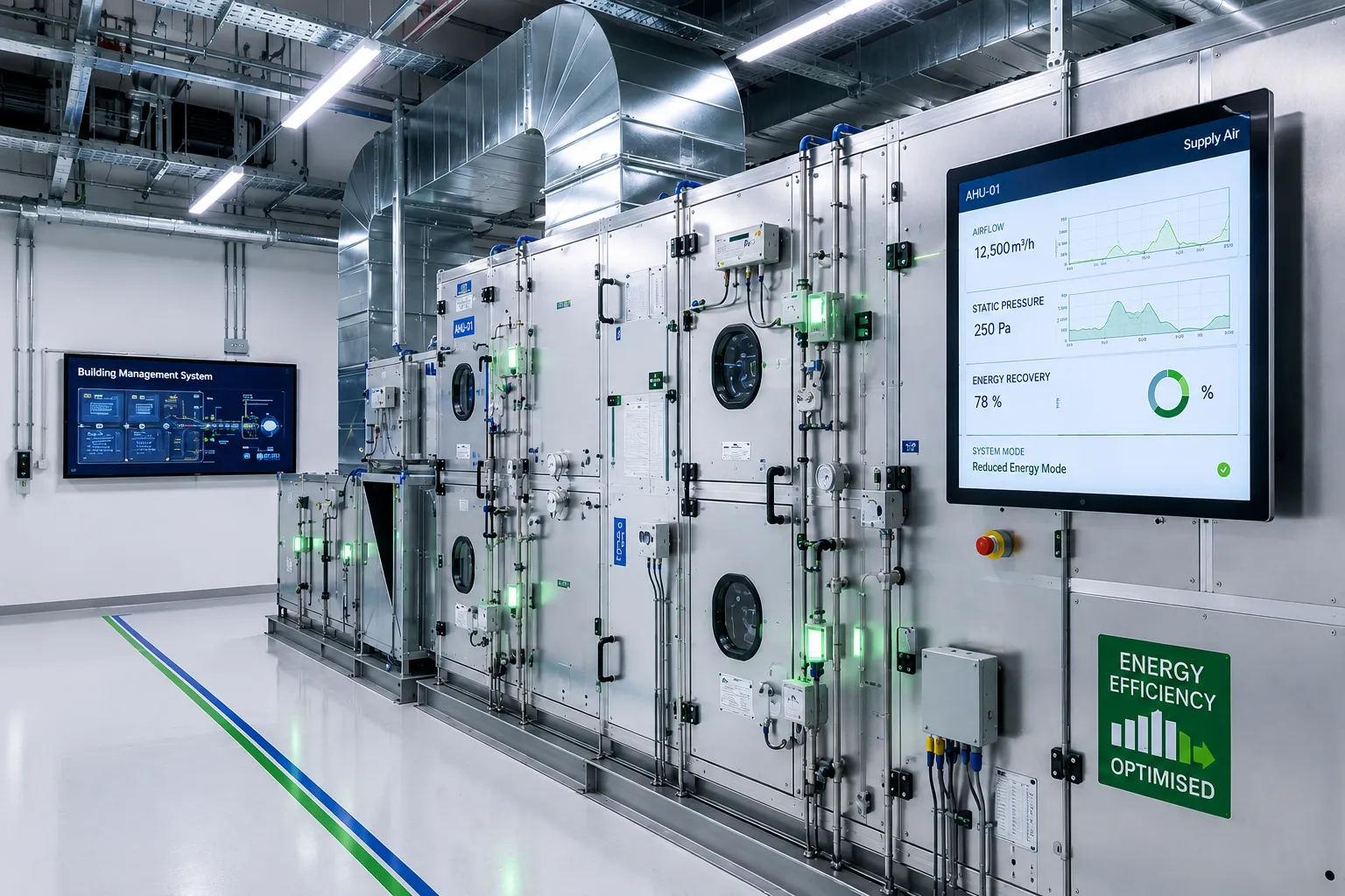 Large industrial HVAC equipment room with metallic air ducts